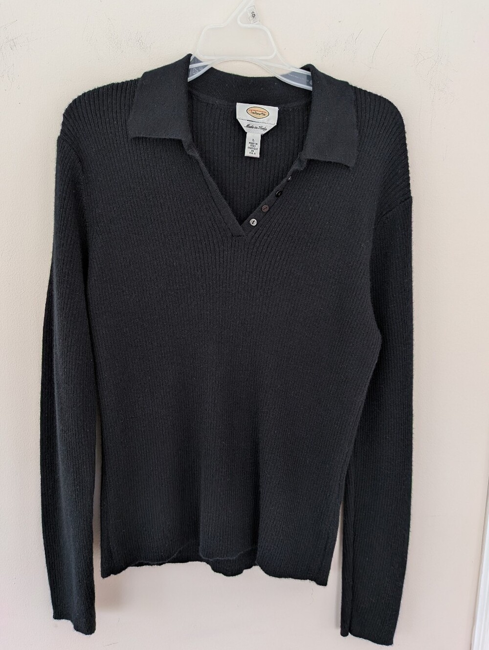 Talbots Women’s L 100% Merino Wool Polo Sweater Black Made in Italy Long Sleeve